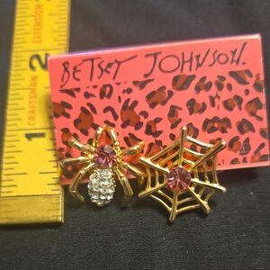 Betsey Johnson Gold Spider Web Earrings with Pink Accents